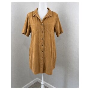 Gunit Women's M Corduroy Shirt Dress Mustard Button Front Utility Mini Dress